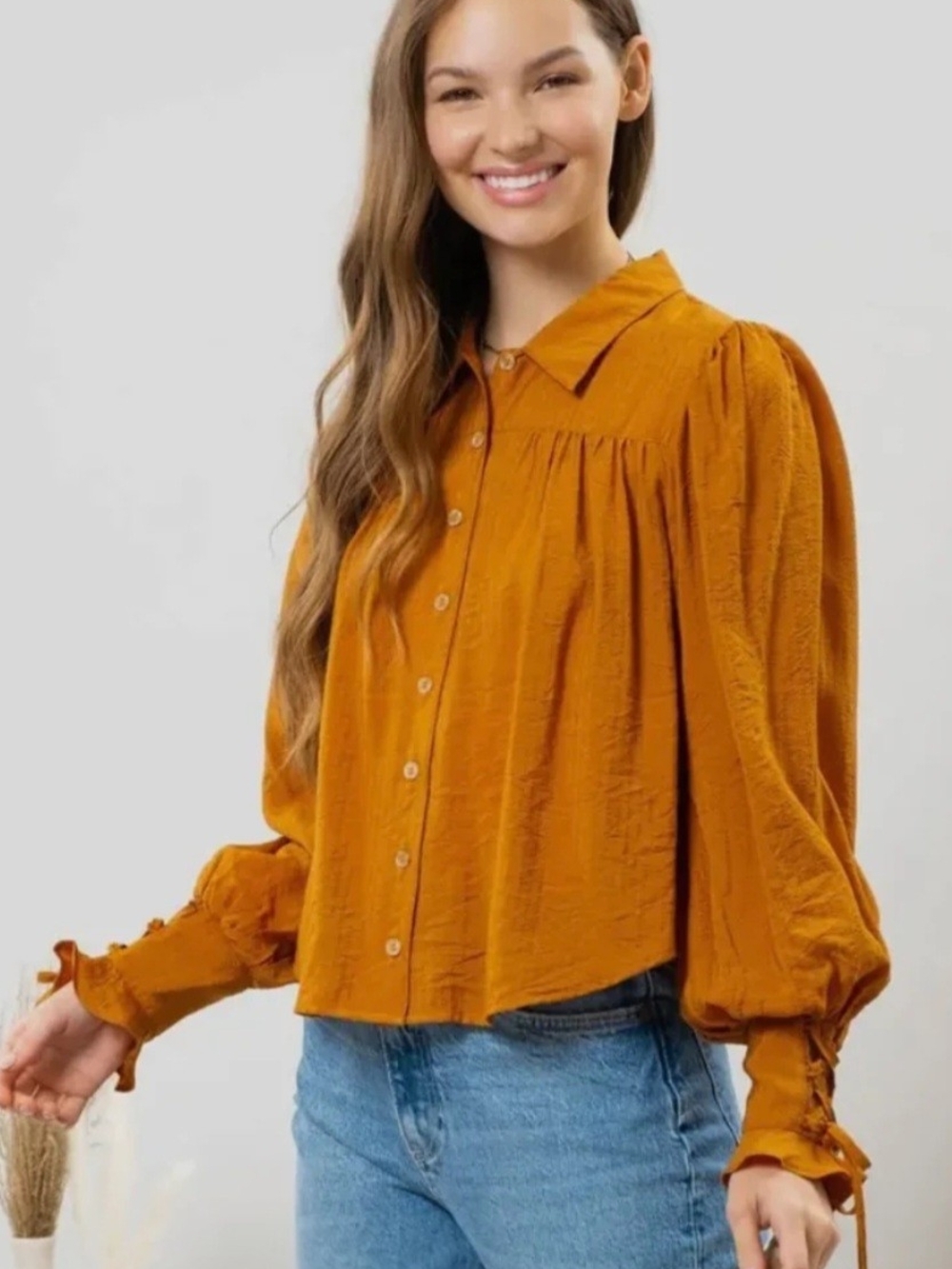 Blu PEPPER Womens Mustard Button-Front Balloon Sleeve Blouse